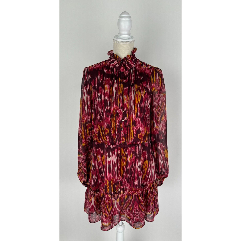 House of Harlow 1960 Womens Burgundy Abstract Dress Chiffon Ruffle Neck Size 10